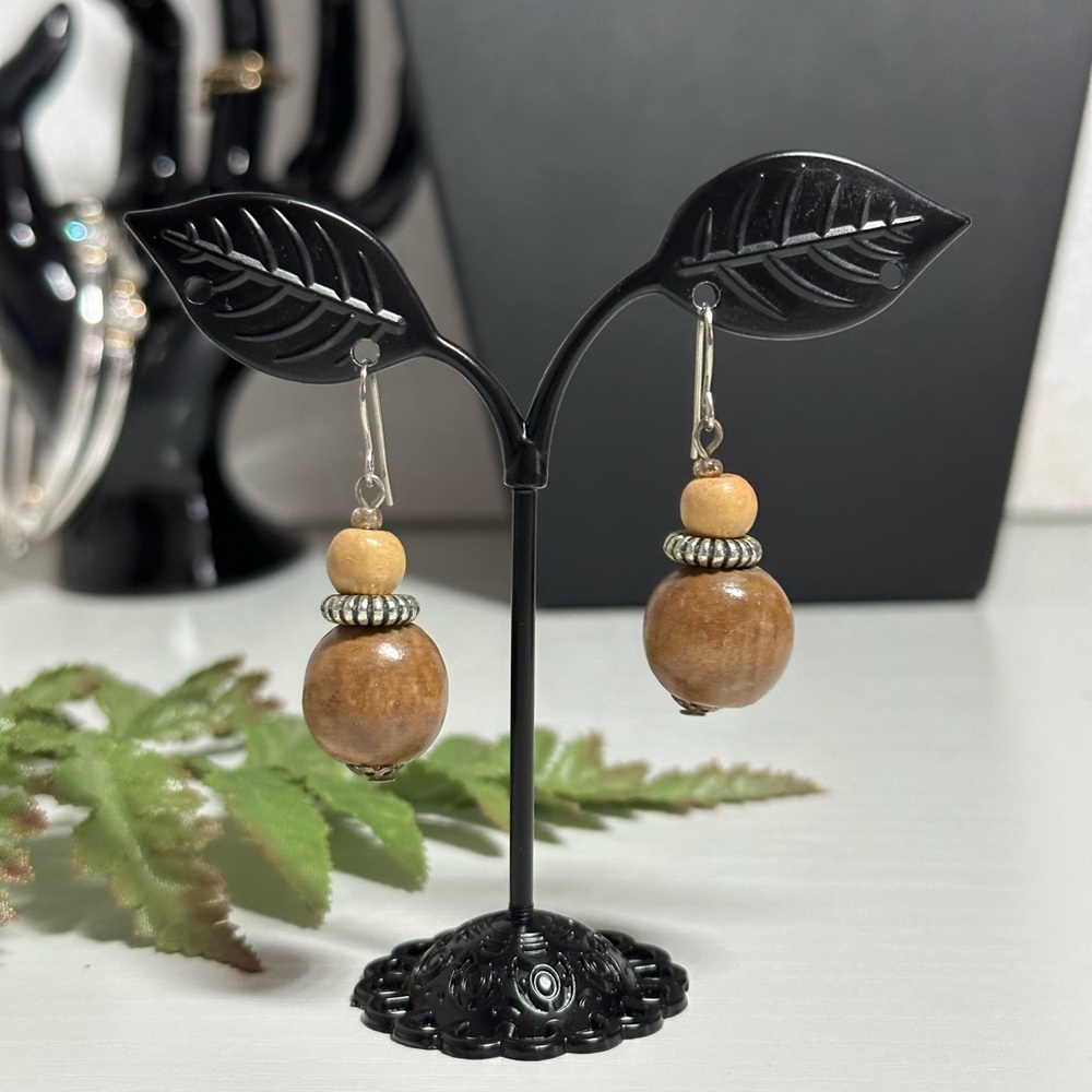 Women Ethnic Natural Round Wood Bead Wood Ball Drop Earrings